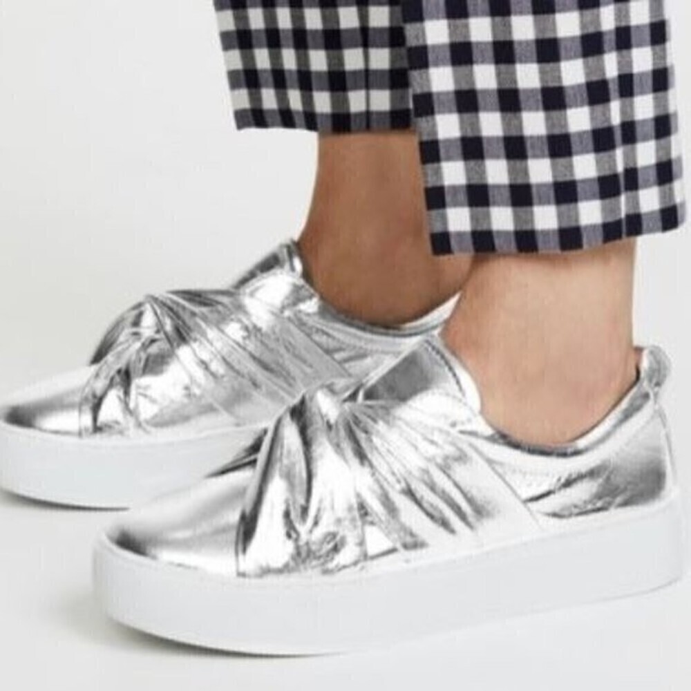 Rebecca Minkoff Nicole Silver Metallic Knot Platform Comfy Slip On Sneakers